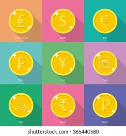 World currency icons: dollar, euro, yen, yuan, euro, indian rupee, russian ruble, franc, pound sterling, rial, rupee, russian ruble - stock vector