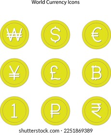 World currency icons. Money and currency symbol. pound, dollar, yuan, ruble, euro, indian rupee, korean won, currency sign,