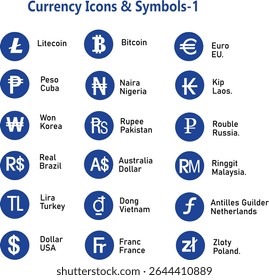 World Currency Icons and Symbols on Blue