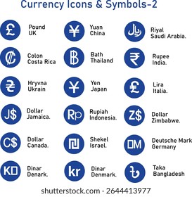 Ícones e símbolos da moeda mundial em azul 2