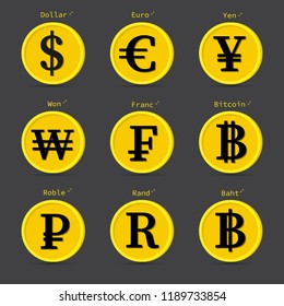 world currency icons.dollar,euro,ten,won,franc,bitcoin,roble,rand,baht.vector illustration