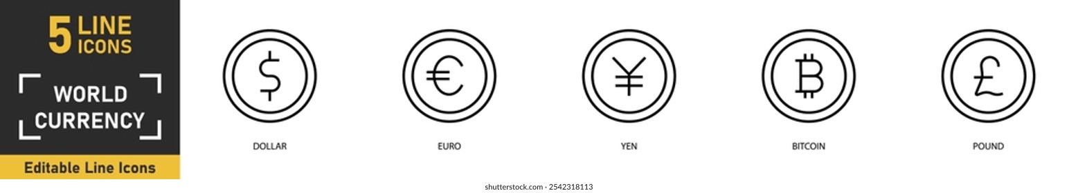 Conjunto de ícones da linha Moeda Mundial. Conjunto de 5 ícones de contorno relacionados a dólar, euro, iene, bitcoin, libra e muito mais. Ilustração vetorial.