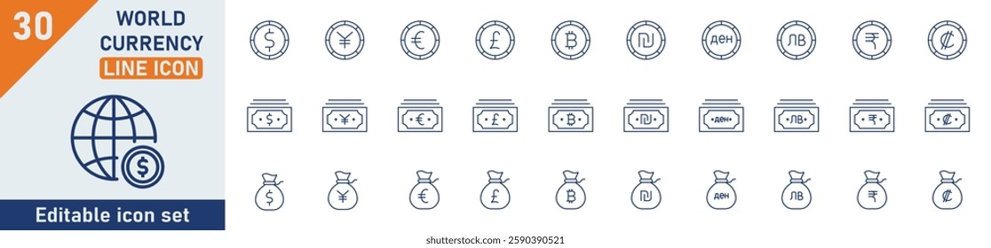 World currency line icon set. Set of 30 outline icons related to dollar, euro, pound, ruble, rupee, yen and others. Editable stroke. Vector illustration.