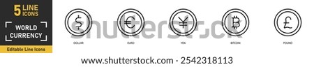 World Currency line icon set. Set of 5 outline icons related to dollar, euro, yen, bitcoin, pound and more. Vector illustration.