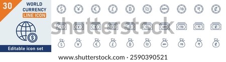 World currency line icon set. Set of 30 outline icons related to dollar, euro, pound, ruble, rupee, yen and others. Editable stroke. Vector illustration.