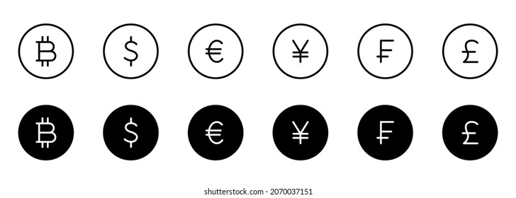 World Currency Line and Silhouette Icon Set. Euro, Usd Dollar, Bitcoin, Yen, Franc, Pound Sterling Pictogram. Money Symbols and Cryptocurrency Sign. Editable Stroke. Isolated Vector Illustration.