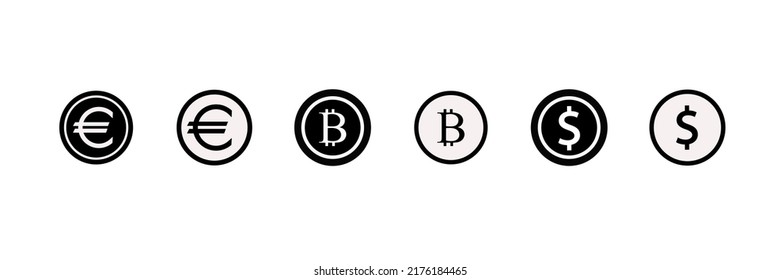 World Currency Line and Silhouette Icon Set on Transparent Background. Euro, Usd Dollar, Bitcoin Coin Icon. Money Symbols and Cryptocurrency Sign. Editable Stroke. Isolated Vector Illustration.