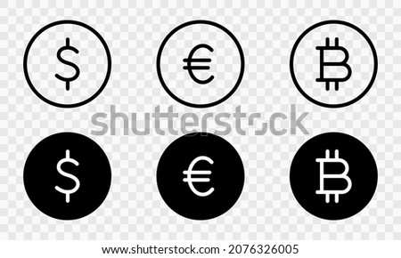 World Currency Line and Silhouette Icon Set on Transparent Background. Euro, Usd Dollar, Bitcoin Coin Icon. Money Symbols and Cryptocurrency Sign. Editable Stroke. Isolated Vector Illustration.