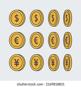 World Currency Money Coins Cartoon Vector Illustration. Currency Signs Of Different Countries Flat Icon Outline