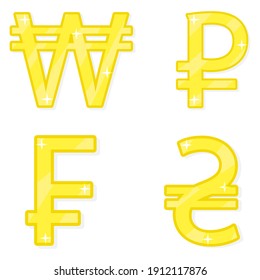 World currency set of golden symbols won, ruble, franc, hryvna vector