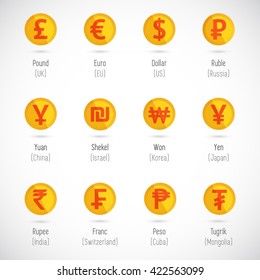 World Currency signs gold coins vector icons set. Foreign currency money exchange. Stock market. 