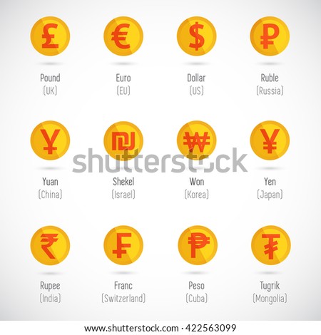 World Currency signs gold coins vector icons set. Foreign currency money exchange. Stock market. 