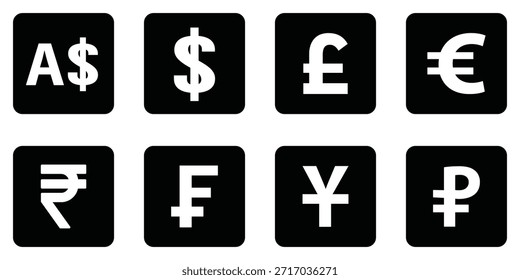 World currency signs and icons vector bundle set. Global currency symbols in clean, modern styles. isolated on white background.
