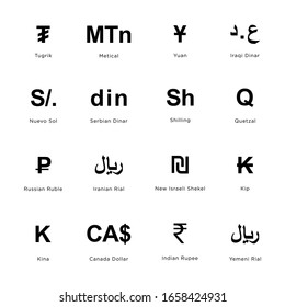 World currency symbol coins set: Tugrik, metical, Yuan, Irani Dinar, Nuevo sol, Serbian Dinar, Shilling, Quetzal, Russian Ruble, Iranian Rial, New Israeli Shekel, Kip, Kina, Canada Dollar, Indian Rupe