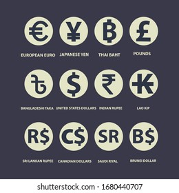 World Currency Symbol And Coins Set