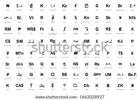 World currency symbol coins set: Tugrik, Metical, Yuan, Irani Dinar, Nuevo sol, Serbian Dinar, Shilling, Quetzal, Russian Ruble, Iranian Rial, New Israeli Shekel, Kip, Kina, Canada, Indian Rupe