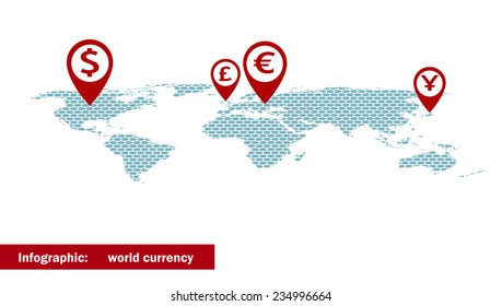 World currency symbol on the dotted world map. Vector illustration.