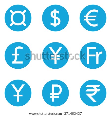 World Currency symbols flat solid icons isolated on white background. Dollar, Euro, Pound Sterling, Yen, Yuan, Swiss frank, Ruble, Rupee, Generic currency symbol, Money. Vector illustration