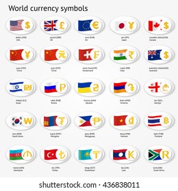 World currency symbols icon set. Money sign icons with national flags. Vector illustration.