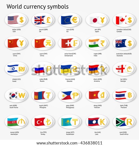 World currency symbols icon set. Money sign icons with national flags. Vector illustration.