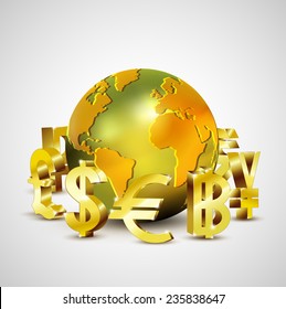 World Currency Symbols Moving Around 3d Golden World, Vector Illustration