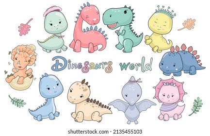 World of cute dinosaur characters designed in pastel doodle style for baby clothes, t-shirts, pillows, stickers, blanket patterns, baby, kids, kindergarten, element, decoration, illustration, cards