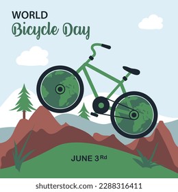 World Cycle Day Illustration With Nature and World Map Creative Concept Art For Banner and Social Media Post