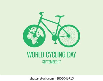 World Cycling Day vector. Green bicycle icon vector. Bike silhouette isolated on a green background. Bicycle with planet earth vector. Cycling Day Poster, September 17. Important day