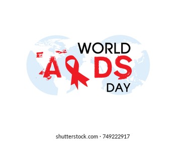"WORLD A I D S DAY" Wording with red ribbon on world map isolate on white background. All in vector design.