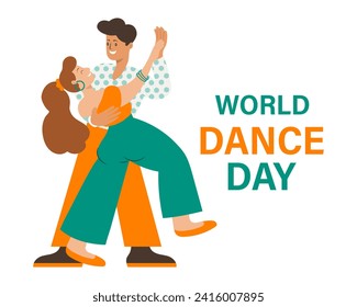 Día Mundial de la Baile. Pareja bailarina, hombre y mujer bailan danza moderna. Ilustración, vector