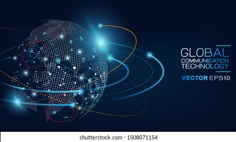 World Data Connecting Network And Communications Concept With Map Dots And Mesh On Background. Abstract Global Telecommunication And Data Signal Connection. Vector Illustration