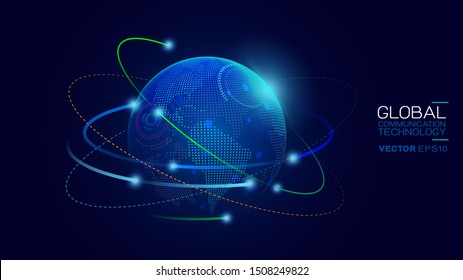 World data connecting network and communications concept with map dots and mesh on background. Abstract global telecommunication and data signal connection. Vector illustration