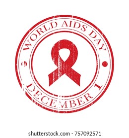 world day against AIDS, vector flat illustration, banner with text, red, white, shabby stamp, stamp, print, ribbon