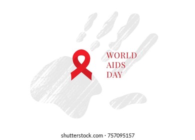 world day against AIDS, vector flat illustration, ribbon, banner with text, red, white, handprint with attrition