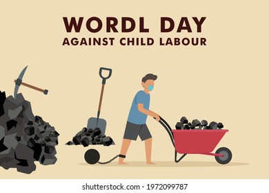 World day against child labor vector concept. Boy in face mask working to mine rocks with tied feet