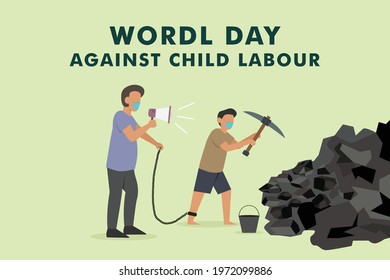 World Day Against Child Labor Vector Concept. Man Giving Command On Boy To Work Mining Rocks