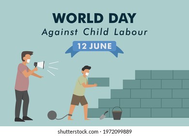 World Day Against Child Labor Vector Concept. Man Ordering Child To Build Bricks Wall