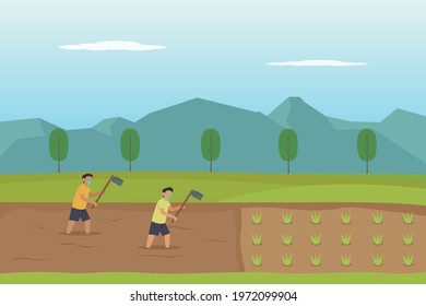 World Day Against Child Labor Vector Concept. Kids Wearing Face Mask While Hoeing Rice Field