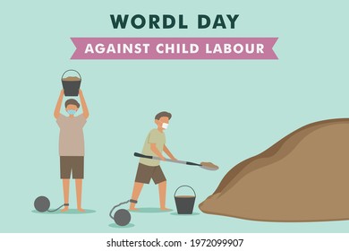 World Day Against Child Labor Vector Concept. Kids Wearing Face Mask While Mining Sand With Tied Feet