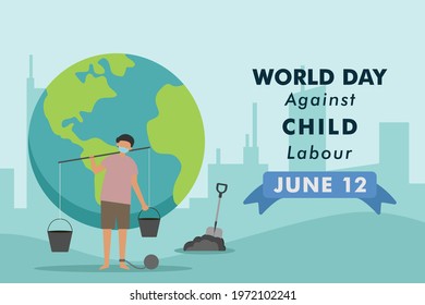 World day against child labor vector concept. Boy carrying buckets of sand with globe background