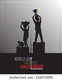 World day against Child Labor. Let's bring child labor down. Kids working on one side and on another side kids win the cup. Light Background, isolate view. Silhouette people art. Vector illustration. svg