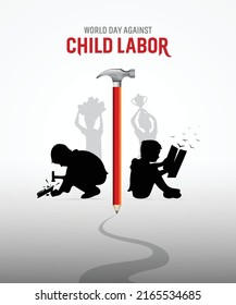 World day against Child Labor. Anti child labor day. Let's bring child labor down. Kids working on one side and on another side kids win the cup. Stop Child Labor. Hammer, pen, pencil, Vector art.