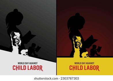 World Day against Child Labor. Anti-child labor day. Let's bring child labor down. Silhouette child working on one side and another side shadow child Study. Isolate view on dark background. Vector art svg