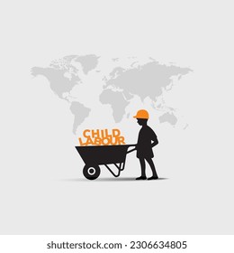 World day against Child Labor. Let's bring child labor down. A silhouette of a child labor cart with a world map, boy pushing a wheelbarrow, stop child labour vector svg