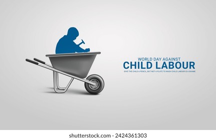 World day against Child Labor. Stop child labour, Child worker washing utensils, 3D Illustration