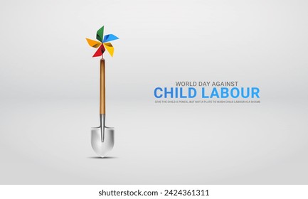 World day against Child Labor. Stop child labour, Child worker washing utensils, 3D Illustration