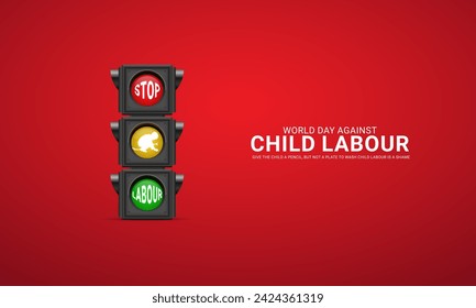 World day against Child Labor. Stop child labour, Child worker washing utensils, 3D Illustration