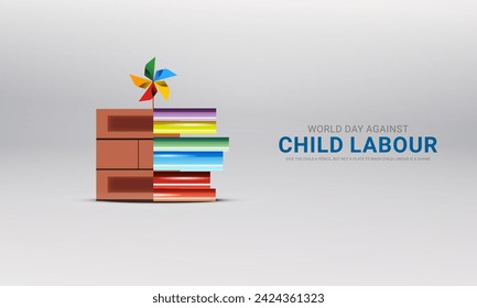 World day against Child Labor. Stop child labour, Child worker washing utensils, 3D Illustration