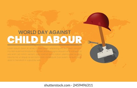 World day against Child Labor. Let's bring child labor down. Kids working on one side and on another side kids win the cup