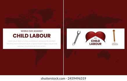 World day against Child Labor. Let's bring child labor down. Kids working on one side and on another side kids win the cup